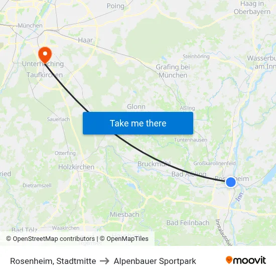 Rosenheim, Stadtmitte to Alpenbauer Sportpark map