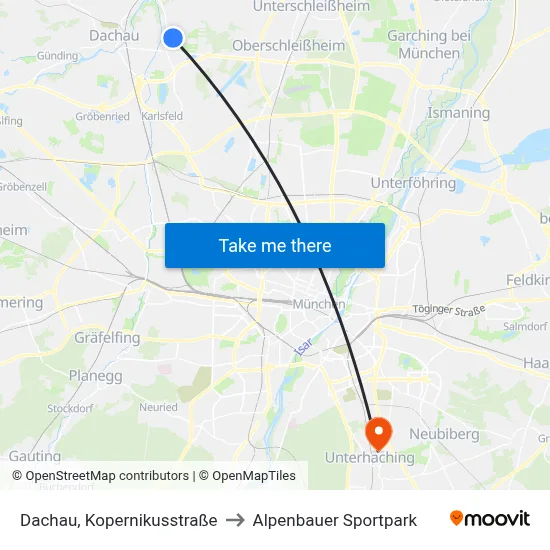 Dachau, Kopernikusstraße to Alpenbauer Sportpark map