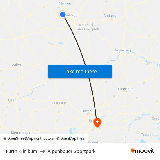 Fürth Klinikum to Alpenbauer Sportpark map