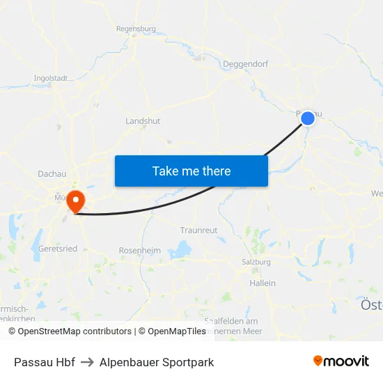 Passau Hbf to Alpenbauer Sportpark map