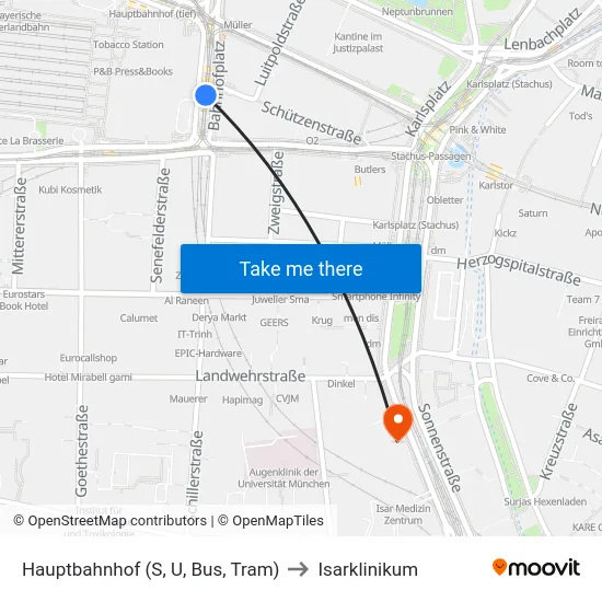 Hauptbahnhof (U, Tram) to Isarklinikum map