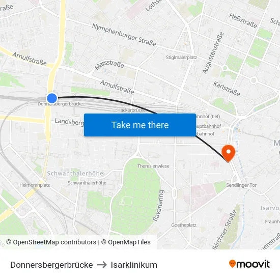 Donnersbergerbrücke to Isarklinikum map