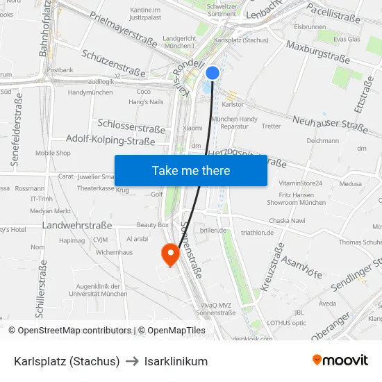 Karlsplatz (Stachus) to Isarklinikum map