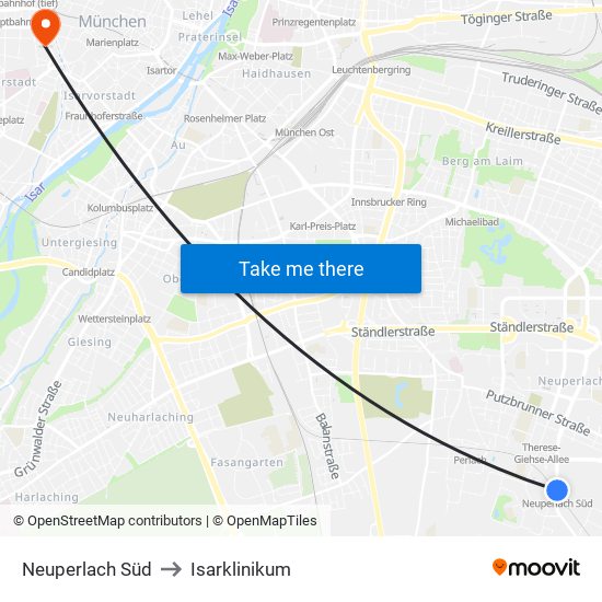 Neuperlach Süd to Isarklinikum map