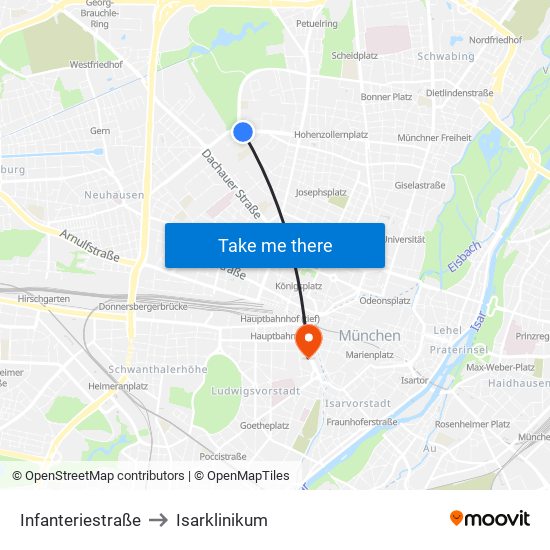 Infanteriestraße to Isarklinikum map