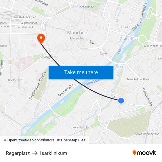 Regerplatz to Isarklinikum map
