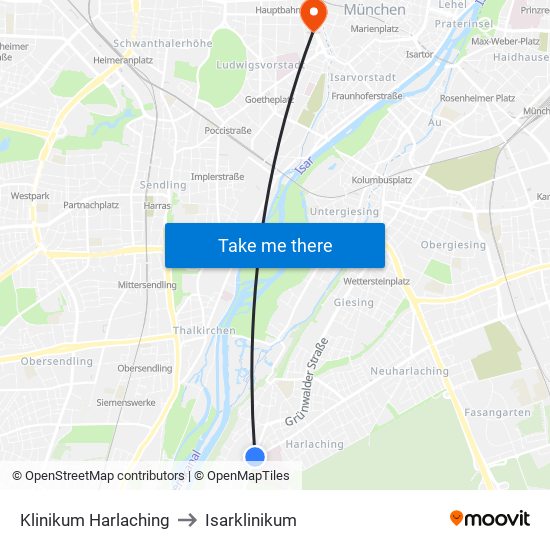 Klinikum Harlaching to Isarklinikum map
