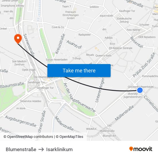 Blumenstraße to Isarklinikum map