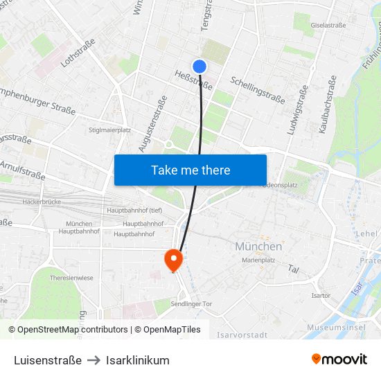 Luisenstraße to Isarklinikum map