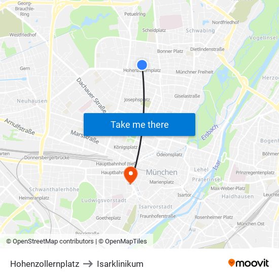 Hohenzollernplatz to Isarklinikum map