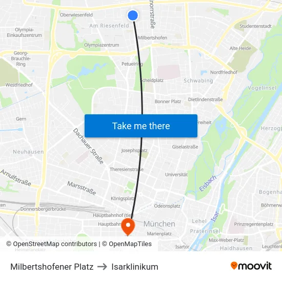 Milbertshofener Platz to Isarklinikum map