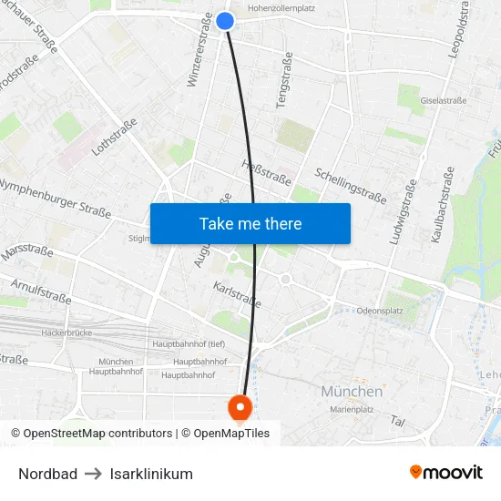 Nordbad to Isarklinikum map
