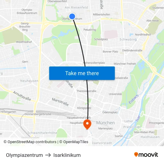 Olympiazentrum to Isarklinikum map