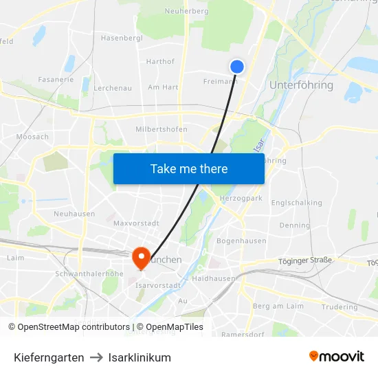 Kieferngarten to Isarklinikum map