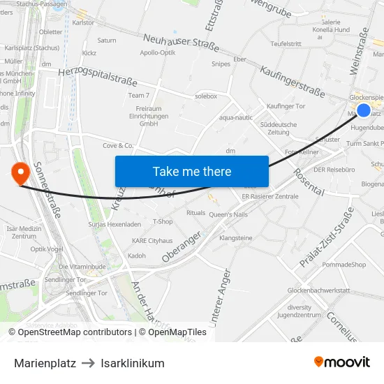 Marienplatz to Isarklinikum map