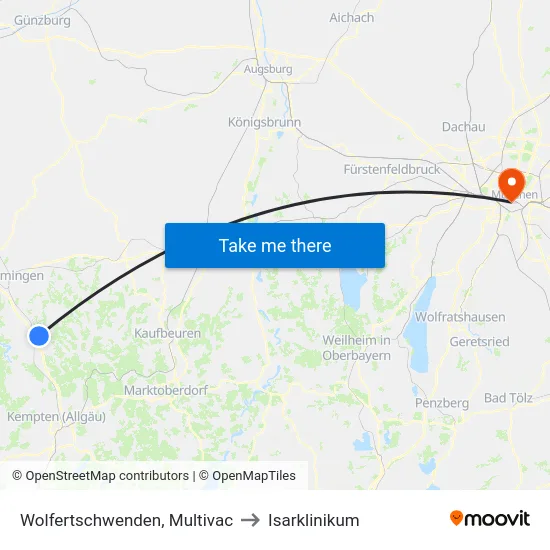 Wolfertschwenden, Multivac to Isarklinikum map