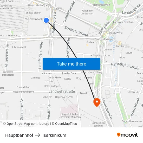 Hauptbahnhof to Isarklinikum map