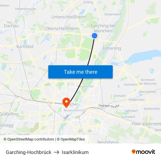 Garching-Hochbrück to Isarklinikum map