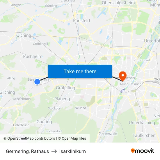 Germering, Rathaus to Isarklinikum map