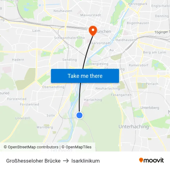 Großhesseloher Brücke to Isarklinikum map