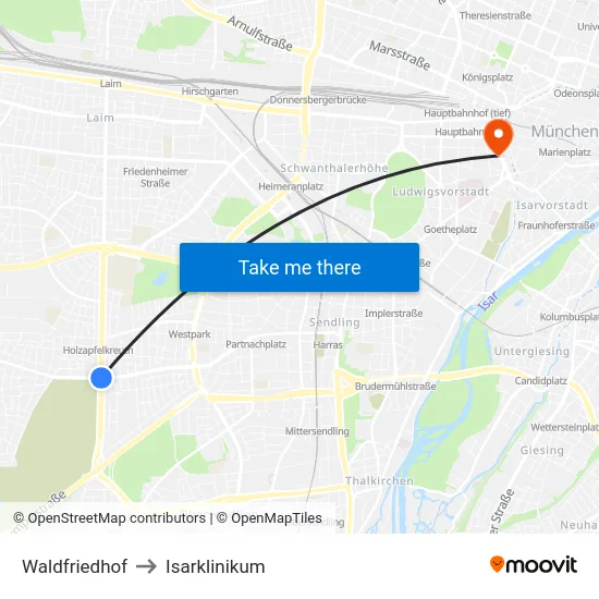 Waldfriedhof to Isarklinikum map