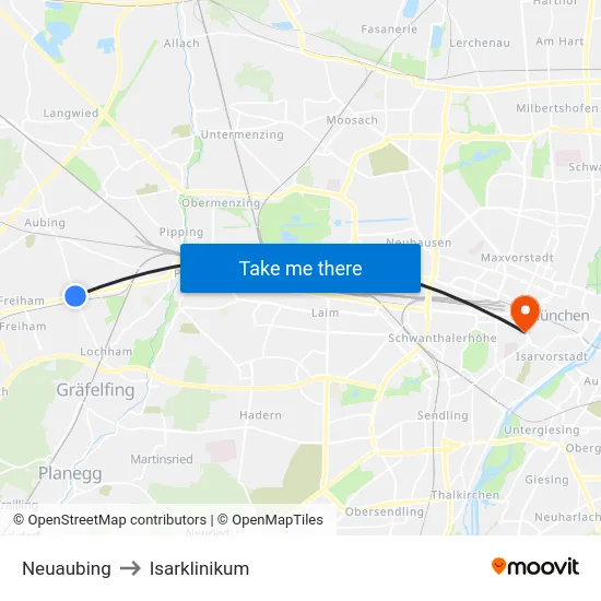 Neuaubing to Isarklinikum map