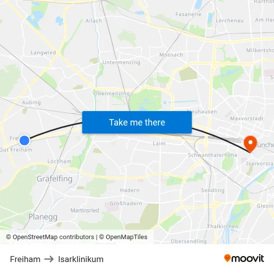 Freiham to Isarklinikum map
