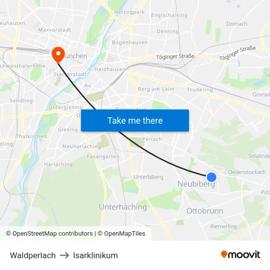 Waldperlach to Isarklinikum map