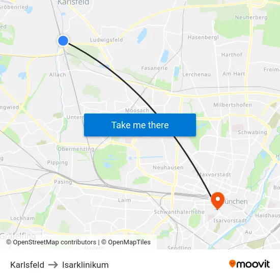 Karlsfeld to Isarklinikum map