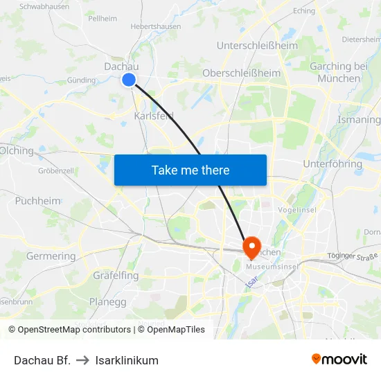 Dachau Bf. to Isarklinikum map