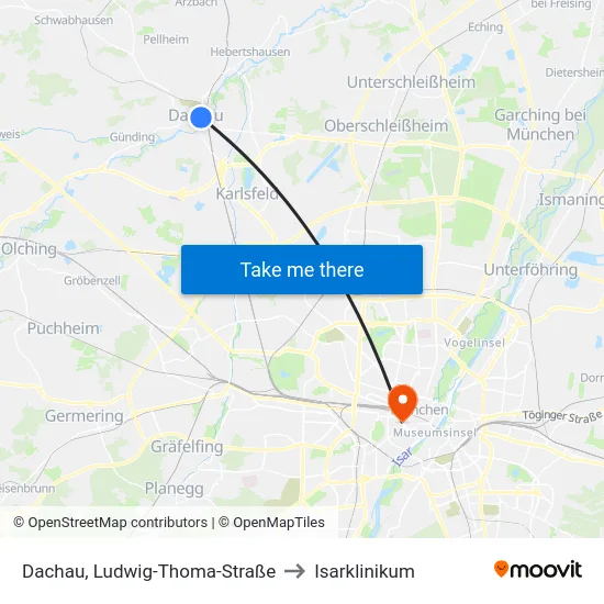 Dachau, Ludwig-Thoma-Straße to Isarklinikum map