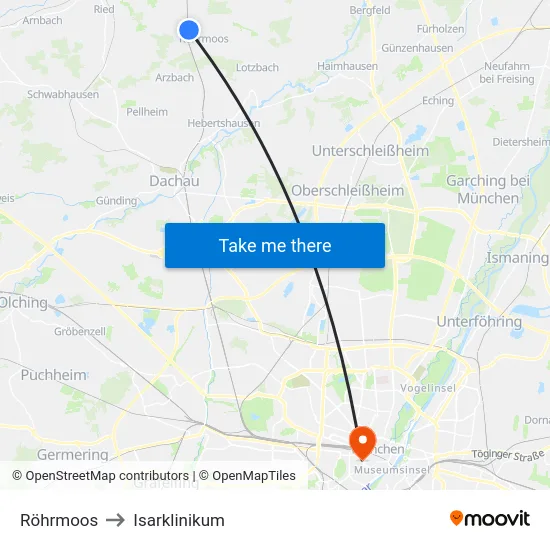 Röhrmoos to Isarklinikum map