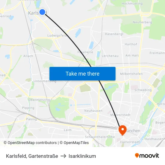 Karlsfeld, Gartenstraße to Isarklinikum map