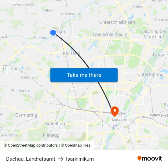 Dachau, Landratsamt to Isarklinikum map