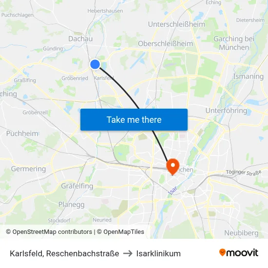 Karlsfeld, Reschenbachstraße to Isarklinikum map