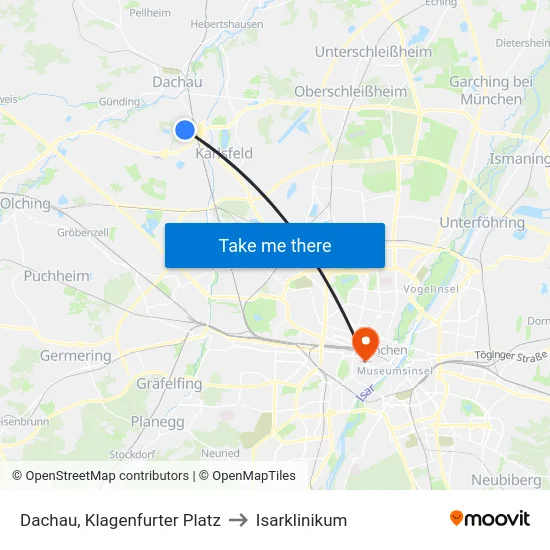 Dachau, Klagenfurter Platz to Isarklinikum map