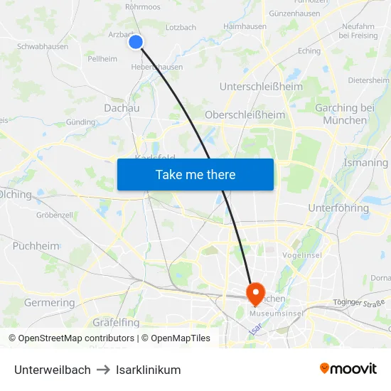 Unterweilbach to Isarklinikum map