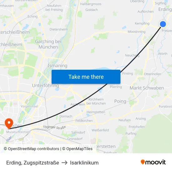 Erding, Zugspitzstraße to Isarklinikum map