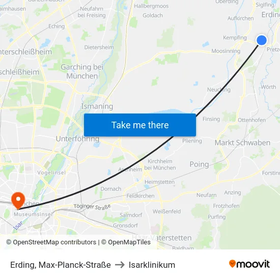 Erding, Max-Planck-Straße to Isarklinikum map