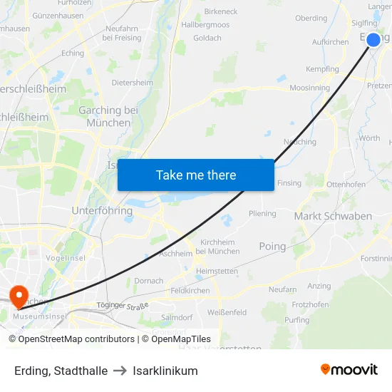 Erding, Stadthalle to Isarklinikum map