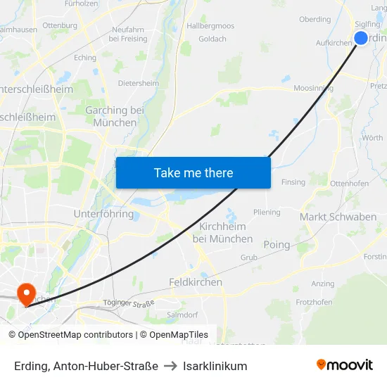 Erding, Anton-Huber-Straße to Isarklinikum map