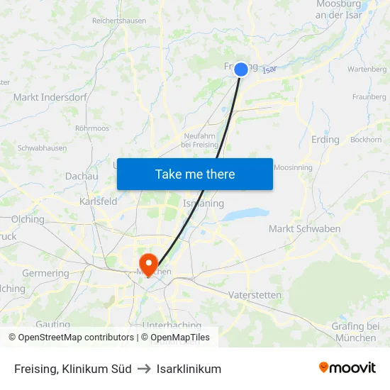Freising, Klinikum Süd to Isarklinikum map