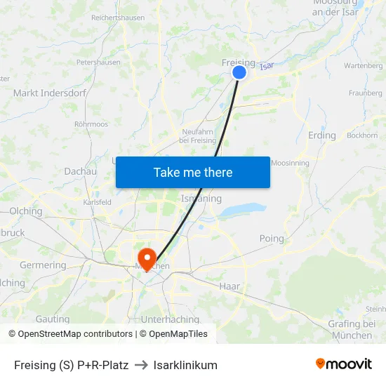 Freising (S) P+R-Platz to Isarklinikum map
