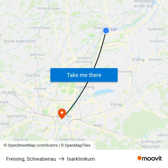 Freising, Schwabenau to Isarklinikum map