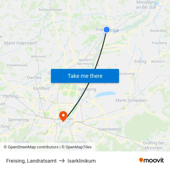 Freising, Landratsamt to Isarklinikum map