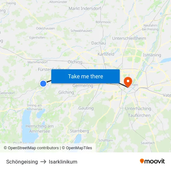 Schöngeising to Isarklinikum map