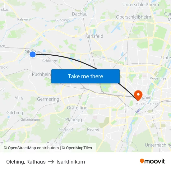 Olching, Rathaus to Isarklinikum map