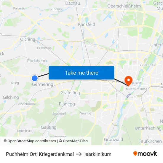 Puchheim Ort, Kriegerdenkmal to Isarklinikum map