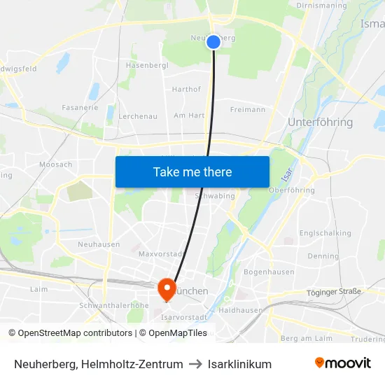 Neuherberg, Helmholtz-Zentrum to Isarklinikum map
