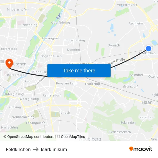 Feldkirchen to Isarklinikum map